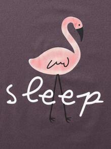 2pcs/Set Girls Flamingo Print Top And Pants Home Outfit, Dark Blue