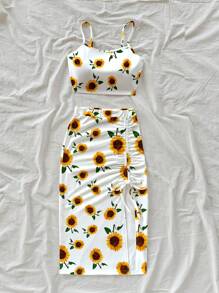 Soleia Set de fuste cu șnur înalt pentru camisole și șnur pentru femei, potrivite pentru vară, vacanță, floarea soarelui și imprimeu floral