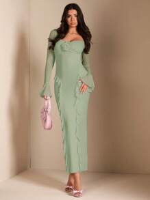 SHEIN BAE Elegant Floral 3D Decor Long Sleeve Ruffled Hem Dress, Perfect For Daily Wear, Dates, Outings, Parties, Fall Outfit For Women,Mint Green Dress