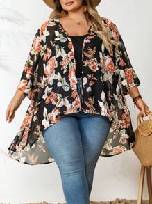 SHEIN CURVE+ Plus Size Women's Summer Lace Splice Black Casual Loose Long Arabic Robe, Vacation Bohemian Thin Cardigan Outerwear, Curve Plus, Boho Vacation - Black - View 9