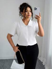 Elenzga 加大码女式优雅白色衬衫，商务休闲衬衫，彼得潘领和蕾丝花边