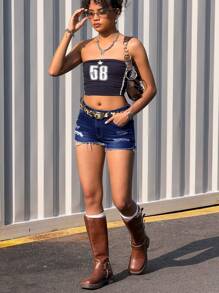 SHEIN Girlism Teen Girls Y2K Spring Summer Break Solid Washed Low Waist Ripped Raw Hem Denim Jeans Mini Shorts,Summer Boho Beach Concert Rave Festival Outfits