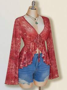 SHEIN ICON 大码复古佩斯利印花前系带针织上衣，喇叭袖透明网眼印花衬衫，夏季度假 - 彩色 - 查看 3