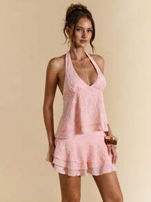 SHEIN BAE Elegant Pink Textured Ruffle Hem Skirt, Spring/Summer - Baby Pink - View 3