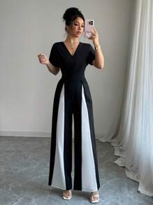 Elenzga 女士撞色重叠V领短袖优雅阔腿连体裤