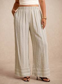Elaquor Plus Size Striped Casual Pants, Fashionable For Summer - Black and White - View 3