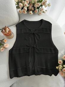 SHEIN Privé Plus Size Casual Vacation Front Tie Crochet Oversize French Cardigran Short Sleeve Sweater For Women - Black - View 4