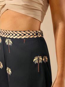 CAJUNI Quần ống rộng họa tiết cây dừa nhiệt đới Bohemian dành cho nữ, quần đi biển mùa hè thường ngày - màu đen - Xem 4