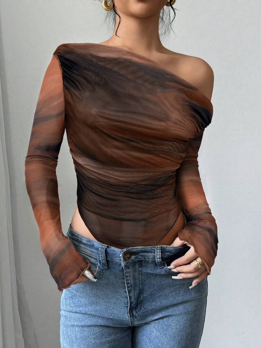 Firerie Women Asymmetric Collar Tie-Dye Print Long Sleeve Bodysuit, Suitable For Valentine's Day, Concerts, Dates, Sexy, Elegant, Commute, Back To School, Vacation, Beach - Multicolor - View 1