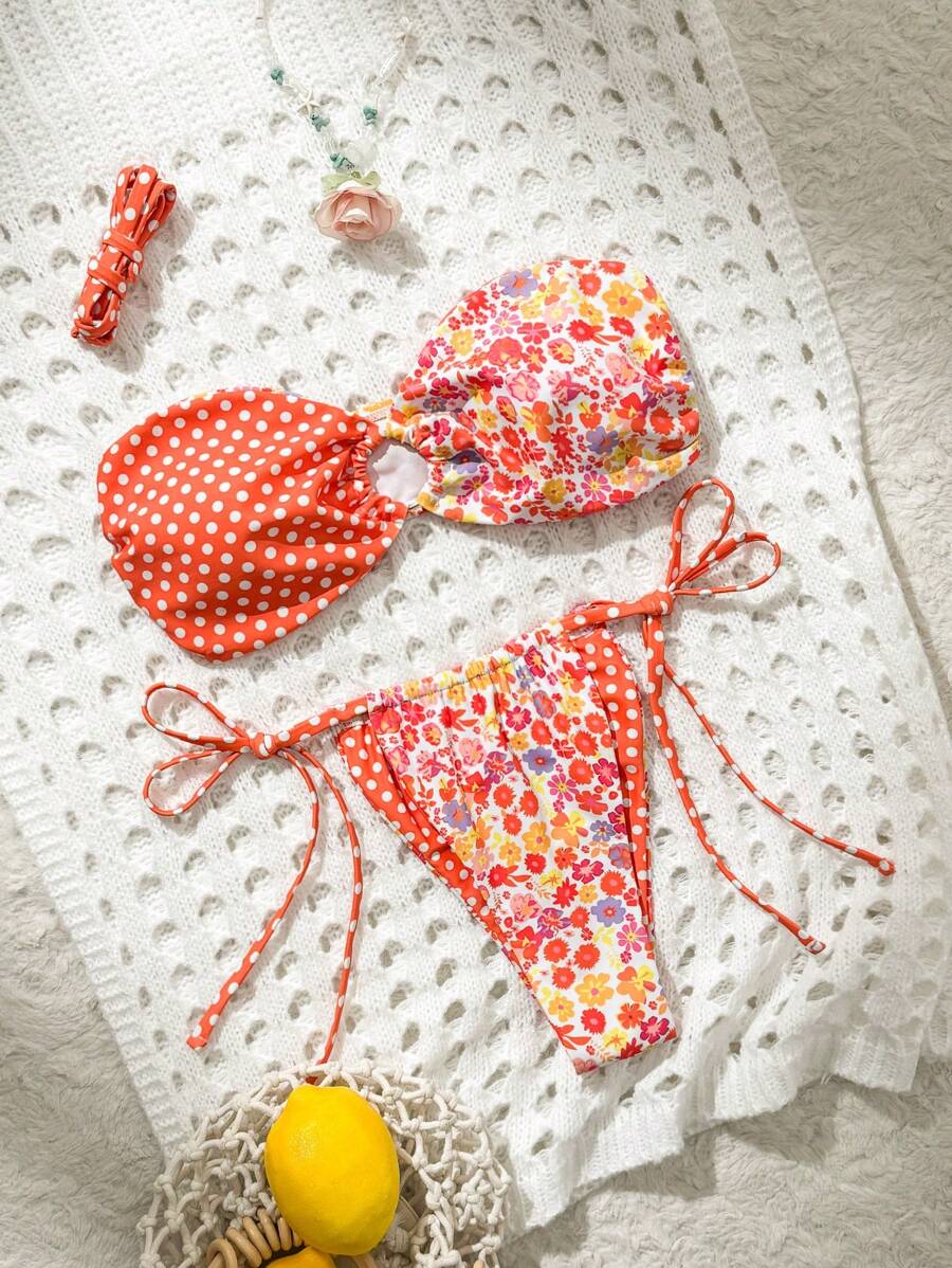 SHEIN Swim Ensemble bikini sexy 2 pièces en tissu double à la mode, tenue de plage d'été - Multicolore - Voir 1
