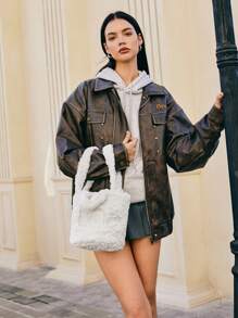 SHECARRY Street Style Sheepskin Handbag, Suitable For Commuting And Travel - Beige - View 4