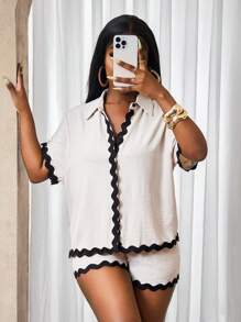 BamGleam Lace Hem Short Sleeve Shirt - Apricot - View 3