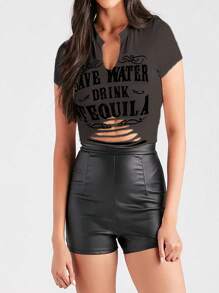 INAWLY Women Street Style Ripped Slogan Print Short Sleeve T-Shirt, Summer - Brown - View 3