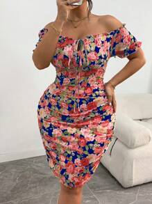 Celure Plus Size Elegant Floral Print Spaghetti Strap Bodycon Dress, Summer - Multicolor - View 1