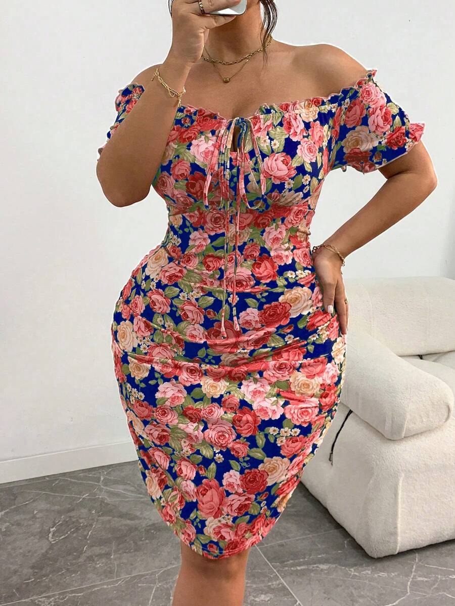 Celure Plus Size Elegant Floral Print Spaghetti Strap Bodycon Dress, Summer - Multicolor - View 1