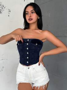 RueChic Medium Wash Denim With Pockets, Summer Style - Dark Wash - View 5