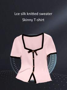 GlowEve Women's Knit Mixed Short Sleeve Casual Metal Button Sequin Bowknot Fitted T-Shirt, Round Neck, Summer Vacation (Random Pattern) - Pink - View 3