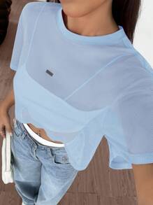 SHEIN EZwear Light Blue See-Through Mesh Knit T-Shirt For Women - Baby Blue - View 4