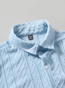 VENTUSAIL Camisa de manga corta de unicolor y textura casual para vacaciones de hombre - Azul - Ver 3