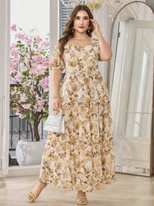 Modelyn Plus Size Ditsy Floral Square Neck Short Sleeve Pleated Waist Slim Fit Casual Dress - Multicolor - View 7
