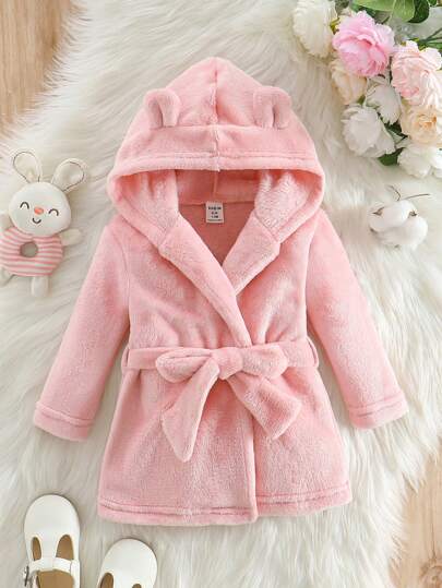 女婴珊瑚绒长袖连帽浴袍（带领带）