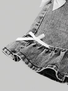 Girls' Stylish Casual Soft Washed Denim Pleated Mini Skirt With Bowknot Decor, Comfortable And Fashionable For Vacation, Summer - Black - View 8