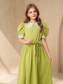 Tween Girl Casual Academy Style Lace Trim Colorblock Red Formal Party Occasion Dress - Green - View 4