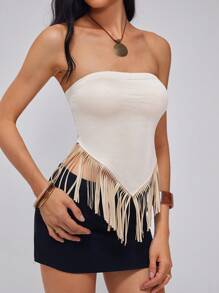 Roylia 女士纯色抹胸拼布下摆流苏休闲假日上衣 - 杏色 - 查看 4