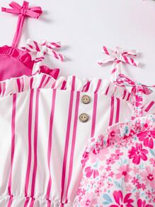 SHEIN 年轻女孩夏季休闲荷叶边纽扣装饰细肩带连体裤 - 玫紅色 - 查看 5