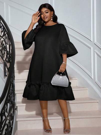 SHEIN Lady Spring And Summer Casual Elegant Boho Elegant Casual Work White Round Neck Petal Sleeve Long Sleeve Women Dresses Vacation Outfits Woman Beach Outfits For Woman Beach Vacation Beach Dress Wedding Guest Dress Women Business Casual Woman Prom Dress,Sun Dresses For Women