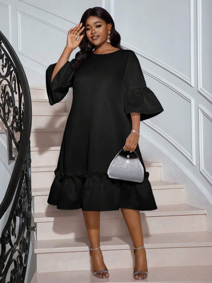 SHEIN Lady 春夏休闲优雅波西米亚风优雅休闲工作白色圆领花瓣袖长袖女装度假装女士沙滩装女士海滩度假沙滩裙婚礼宾客礼服女士商务休闲女士舞会礼服，女士太阳裙 - 黑色 - 查看 1