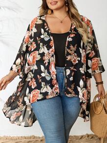 SHEIN CURVE+ Plus Size Women's Summer Lace Splice Black Casual Loose Long Arabic Robe, Vacation Bohemian Thin Cardigan Outerwear, Curve Plus, Boho Vacation - Black - View 8