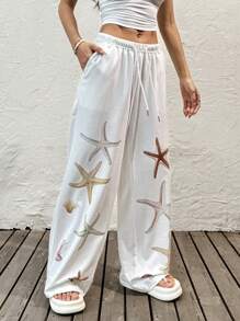 SHEIN EZwear Women's Drawstring Waist Pocket Starfish Print Loose Wide Leg Sweatpants Graduation,Back To School Outfits,Graduation,Teacher Outfits For Women,Back To School - White - View 5