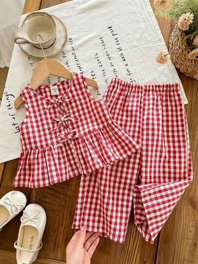 LMoss Kids 女婴可爱夏季度假红白格子蝴蝶结装饰无袖上衣和松紧腰宽松裤套装