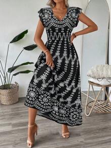 SHEIN LUNE 褶皱荷叶边荷叶袖喇叭腰下摆长裙，蓝白瓷印花，女士休闲度假优雅街头服饰 - 黑色 - 查看 3