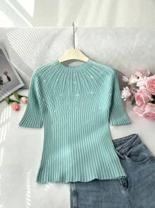 SHEIN Privé 大码纯色短袖毛衣背心，简约时尚，适合夏季 - 綠色 - 查看 3