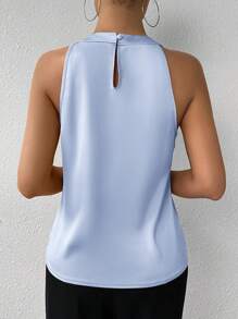 SHEIN Privé 女士香槟色纯色无袖办公室正装衬衫，带褶领，简约优雅的日常工作风格 - 藍色 - 查看 2