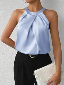 SHEIN Privé 女士香槟色纯色无袖办公室正装衬衫，带褶领，简约优雅的日常工作风格 - 藍色 - 查看 5