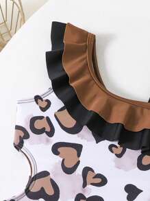 SHEIN 少女荷叶边不对称领口心形印花连体泳衣 - 咖啡棕 - 查看 4