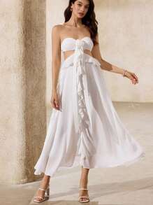 GENKIRA Vestido sin mangas de estilo bohemio de verano con volantes en el bajo, de múltiples capas, con escote de corpiño, de gasa de unicolor, estilo vacacional - Blanco - Ver 1