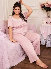SweetSlumber Conjunto de pijama de pantalón largo y manga corta con encaje para talla grande