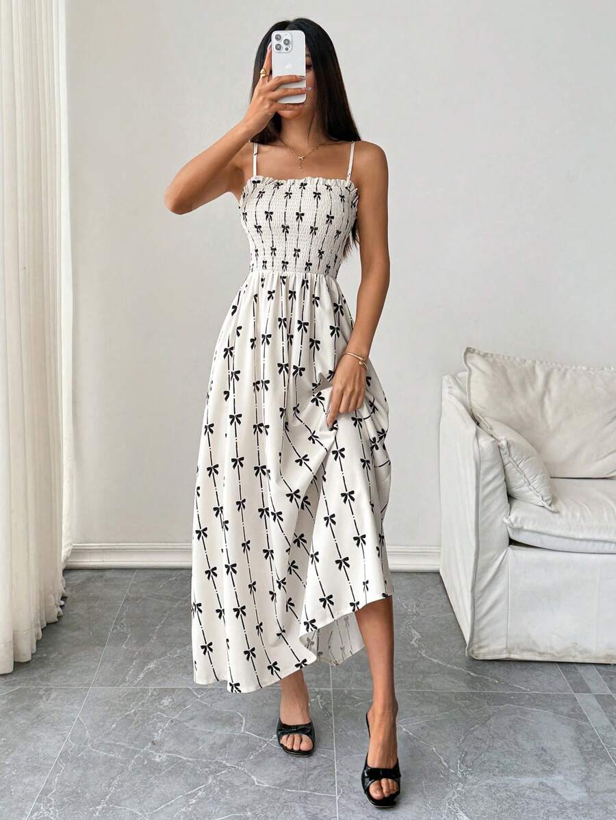 Chiquease Bow Knot Printed Slip Dress, Fashionable For Summer - Apricot - View 1