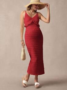 Boho Mama Maternity Summer Minimalist Textured Ruffle Hem Bodycon Dress - Red - View 7