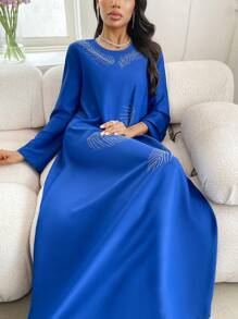SHEIN Najma 女士宽松优雅休闲水钻装饰长袍，端庄 - 藍色 - 查看 4