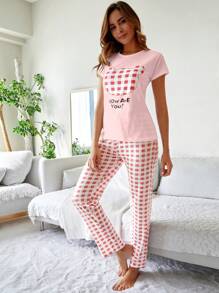 RueChic Ensemble de pyjama court à manches courtes avec slogan et motif à carreaux, avec masque pour les yeux, pour femmes