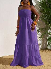 Slaydiva 荷叶边露肩度假长裙，夏季时尚 - 紫色 - 查看 4