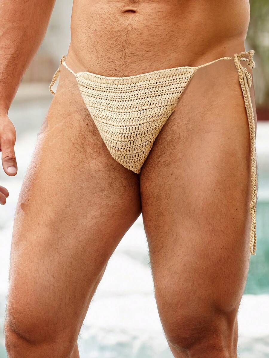 Manfinity Swimmode Bañador de triángulo de color liso de ganchillo para hombre - Caqui - Ver 1