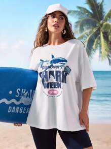 Shark Week X SHEIN Tricou cu mânecă scurtă cu decolteu rotund și cu litere, cu mânecă scurtă - alb - Vizualizare 6