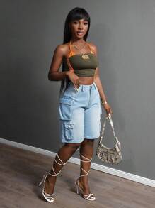 Slaydiva Women's Denim Shorts With Pockets, Fashionable For Summer - Blue - View 6