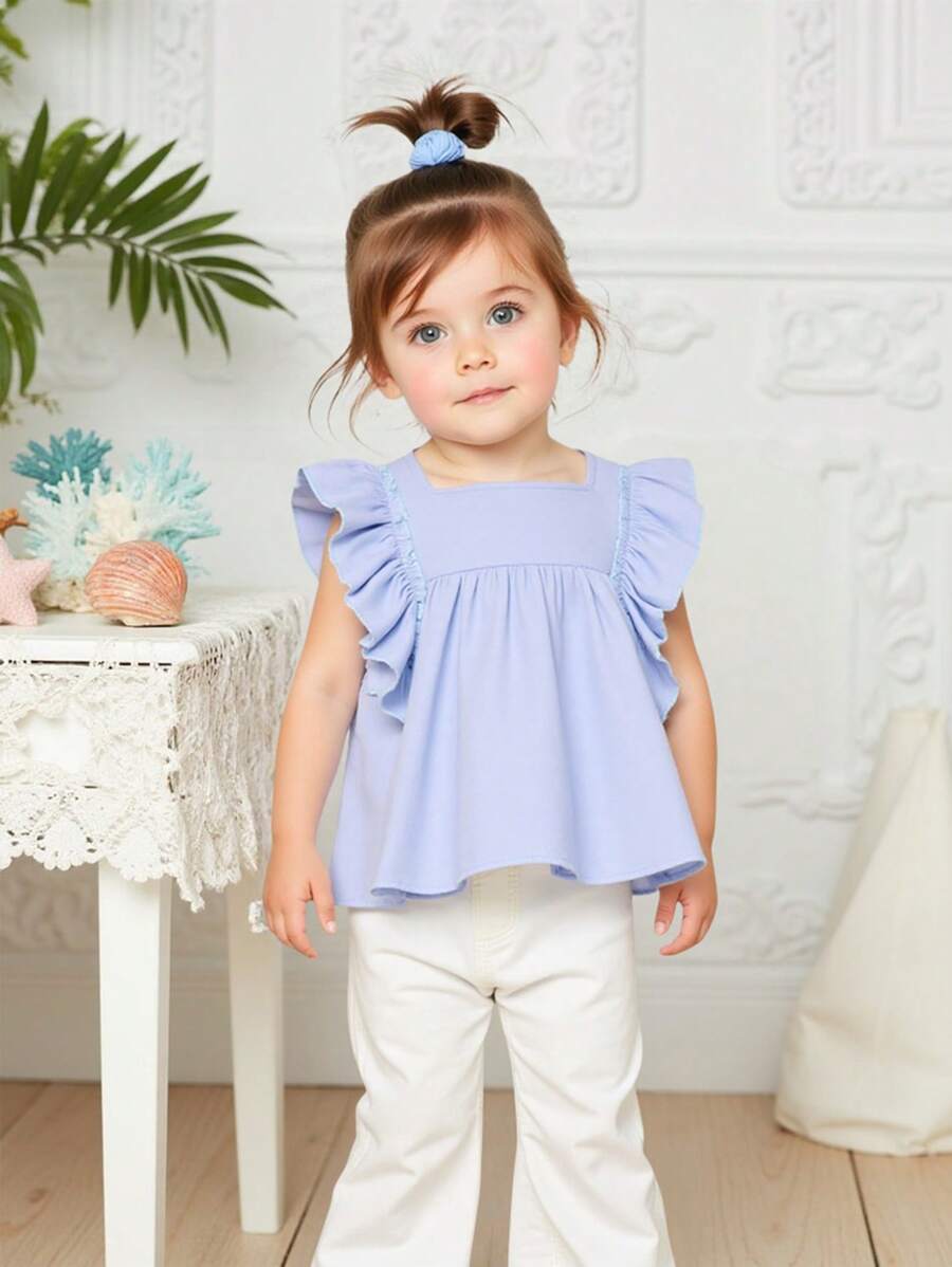 Baby Girls' Sweet Ruffled Square Collar Woven Blouse Top, Summer - Blue - View 1